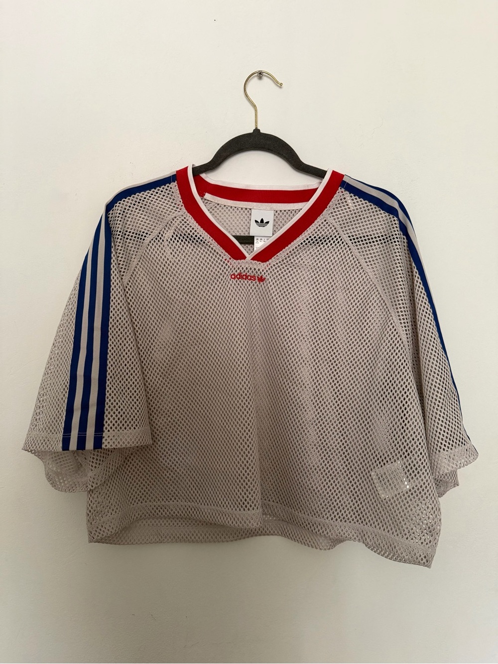 adidas White Mesh Crop Jersey with Blue Stripes and Red Trim